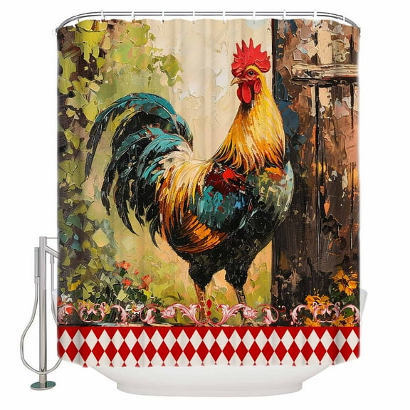 Fabric Shower Curtain, Cock Farmhouse Chicken Vintage Oil Painting Red Plaid Shower Curtains with 12 Hooks Waterproof Machine Washable Bath Curtains for Bathroom,48x 72in