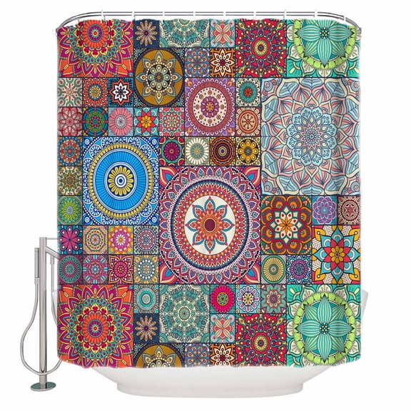 Fabric Shower Curtain, Color Ethnic Style Egyptian Morris Pattern Shower Curtains with 12 Hooks Waterproof Machine Washable Bath Curtains for Bathroom,48x 72in