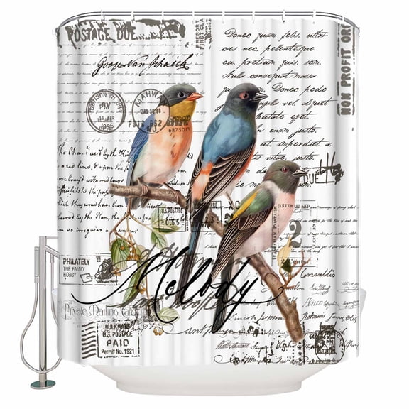 Fabric Shower Curtain, Colored Bird Hand Drawn Envelope Postmark Pattern Shower Curtains with 12 Hooks Waterproof Machine Washable Bath Curtains for Bathroom, 36 x 78in