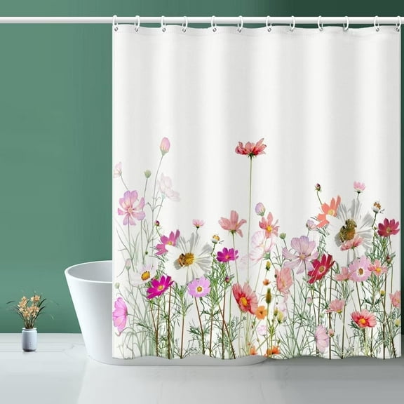 Fabric Shower Curtain Colored Flowers, Waterproof Bath Curtain with 12 Hooks for Home Hotels Bathroom, 72x72