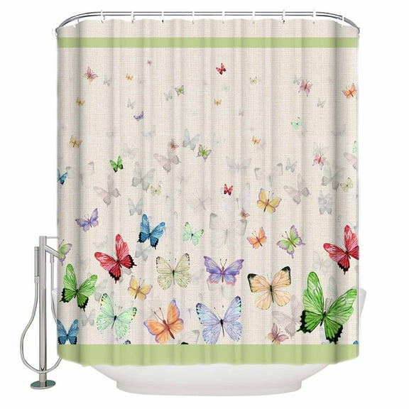 Fabric Shower Curtain, Colorful Butterfly Sage Green Striped Retro Linen Shower Curtains with 12 Hooks Waterproof Machine Washable Bath Curtains for Bathroom, 54 x 78in