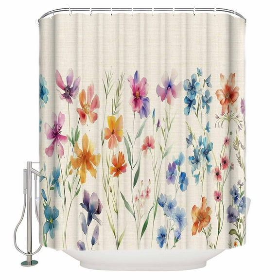 Fabric Shower Curtain, Colorful Flowers Watercolor Floral Plants Retro Linen Shower Curtains with 12 Hooks Waterproof Machine Washable Bath Curtains for Bathroom,72 x 96in