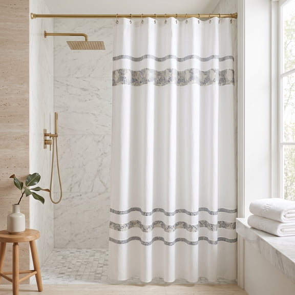 Fabric Shower Curtain Embroidered Blue and Gray Stripes 70 x 75