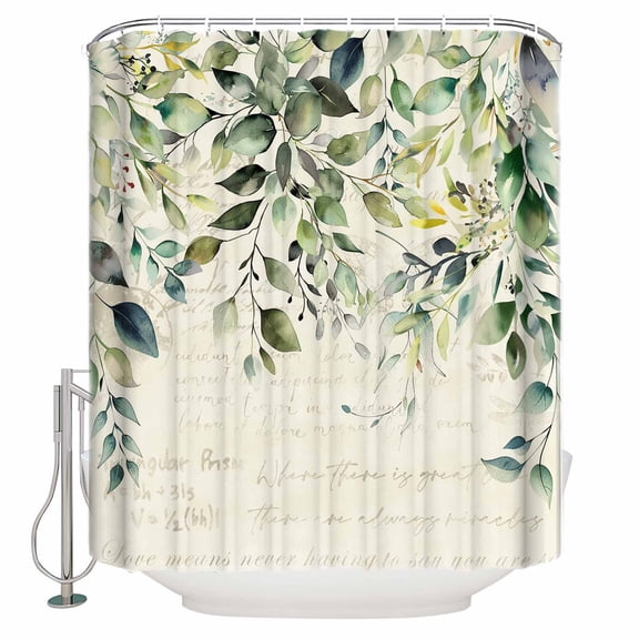 Fabric Shower Curtain, Eucalyptus Leaf Vintage Sage Green Leaves Shower Curtains with 12 Hooks Waterproof Machine Washable Bath Curtains for Bathroom, 54 x 78in