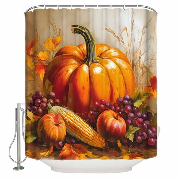 Fabric Shower Curtain Fall Harvest Orange Pumpkin Grape Corn Maple Leave Shower Curtains with 12 Hooks Waterproof Machine Washable Bath Curtains for Bathroom, 60 x 72in