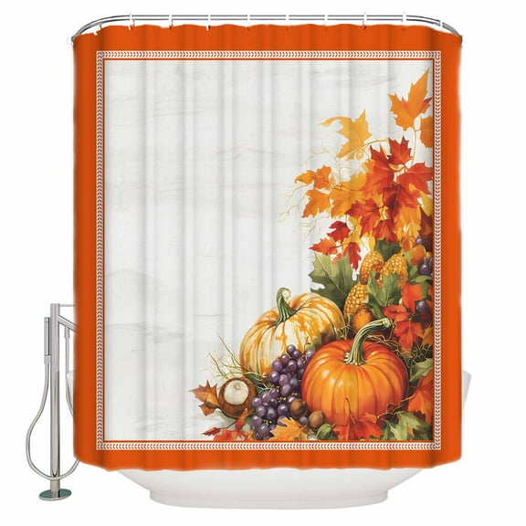Fabric Shower Curtain Fall Harvest Pumpkins Grape Maple Leaves Orange Border Shower Curtains with 12 Hooks Waterproof Machine Washable Bath Curtains for Bathroom, 72 x 84in
