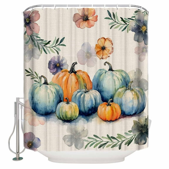 Fabric Shower Curtain Fall Pumpkins Thanksgiving Harvest Rustic Flowers Leaves Shower Curtains with 12 Hooks Waterproof Machine Washable Bath Curtains for Bathroom, 36 x 72in