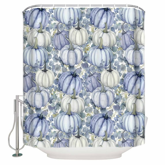 Fabric Shower Curtain Fall Thanksgiving Blue Pumpkin Eucalyptus Leaves Shower Curtains with 12 Hooks Waterproof Machine Washable Bath Curtains for Bathroom, 54 x 78in