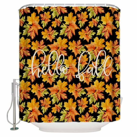 Fabric Shower Curtain Fall Thanksgiving Maple Leaves Watercolor Style Black Shower Curtains with 12 Hooks Waterproof Machine Washable Bath Curtains for Bathroom, 36 x 72in