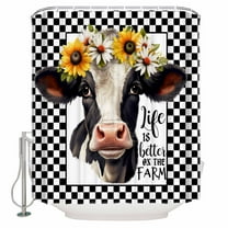 Fabric Shower Curtain, Farm Cow Sunflower Watercolor Black White Check Plaid Shower Curtains with 12 Hooks Waterproof Machine Washable Bath Curtains for Bathroom,54 x 78in