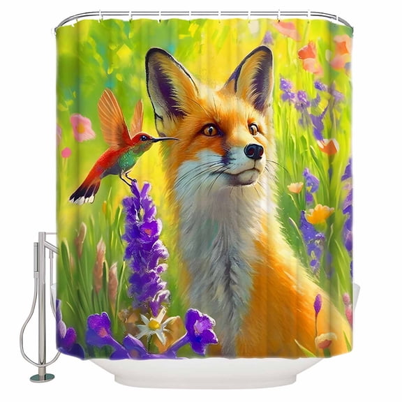 Fabric Shower Curtain Fox Hummingbird Lavender Flowers Oil Painting Shower Curtains with 12 Hooks Waterproof Machine Washable Bath Curtains for Bathroom, 48x 72in