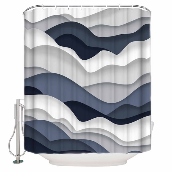 Fabric Shower Curtain, Gradient Ocean Waves Dark Blue Gradient Waves Shower Curtains with 12 Hooks Waterproof Machine Washable Bath Curtains for Bathroom,48x 72in