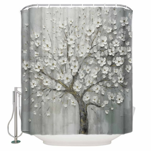 Fabric Shower Curtain, Gray Gradient Oil Painting With Flower Overlay Pattern Shower Curtains with 12 Hooks Waterproof Machine Washable Bath Curtains for Bathroom,54 x 78in