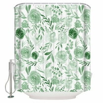 Fabric Shower Curtain, Green Flowers Watercolor Floral Plants Shower Curtains with 12 Hooks Waterproof Machine Washable Bath Curtains for Bathroom, 36 x 78in