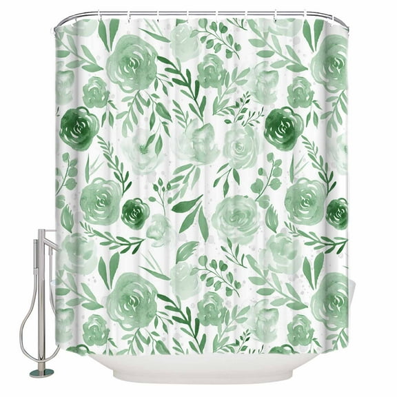Fabric Shower Curtain, Green Flowers Watercolor Floral Plants Shower Curtains with 12 Hooks Waterproof Machine Washable Bath Curtains for Bathroom, 36 x 78in