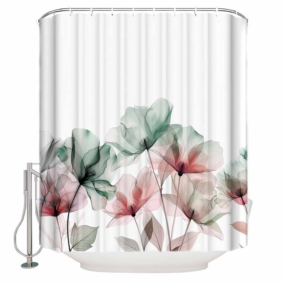 Fabric Shower Curtain, Green Watercolor Flower Texture Printing Shower Curtains with 12 Hooks Waterproof Machine Washable Bath Curtains for Bathroom, 36 x 78in