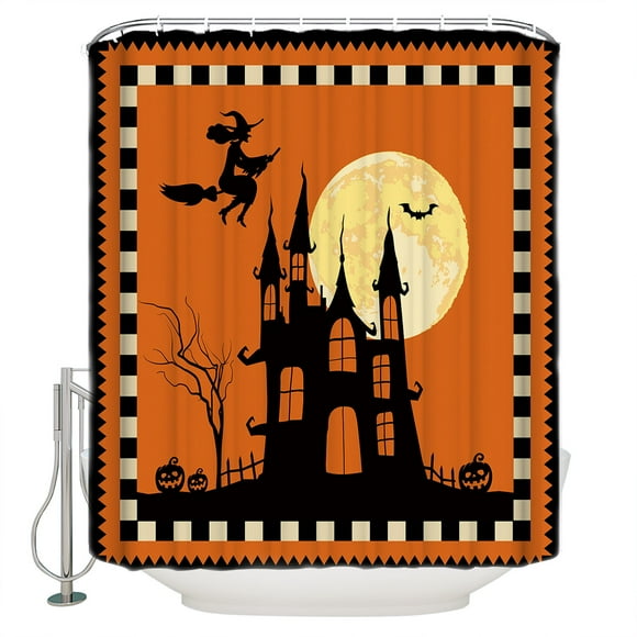 Fabric Shower Curtain, Halloween Horror Ghost Witch Castle Full Moon Night Pumpkin Bathroom Curtain with 12 Hooks Waterproof No Bad Odor Machine Washable Bath Curtains for Bathroom, 36"x72"