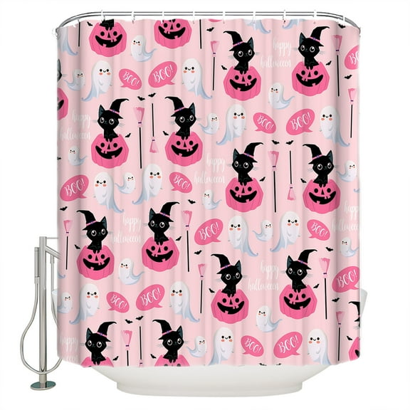 Fabric Shower Curtain, Halloween Pink Pumpkin Cat Cute Ghost Bathroom Curtain with 12 Hooks Waterproof No Bad Odor Machine Washable Bath Curtains for Bathroom, Spa Room, Background Cloth, 36"x72"