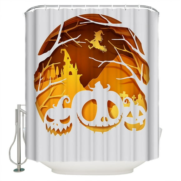 Fabric Shower Curtain, Halloween Pumpkin Paper Cuttings Castle Witch Bathroom Curtain with 12 Hooks Waterproof No Bad Odor Machine Washable Bath Curtains for Bathroom, 72"x96"