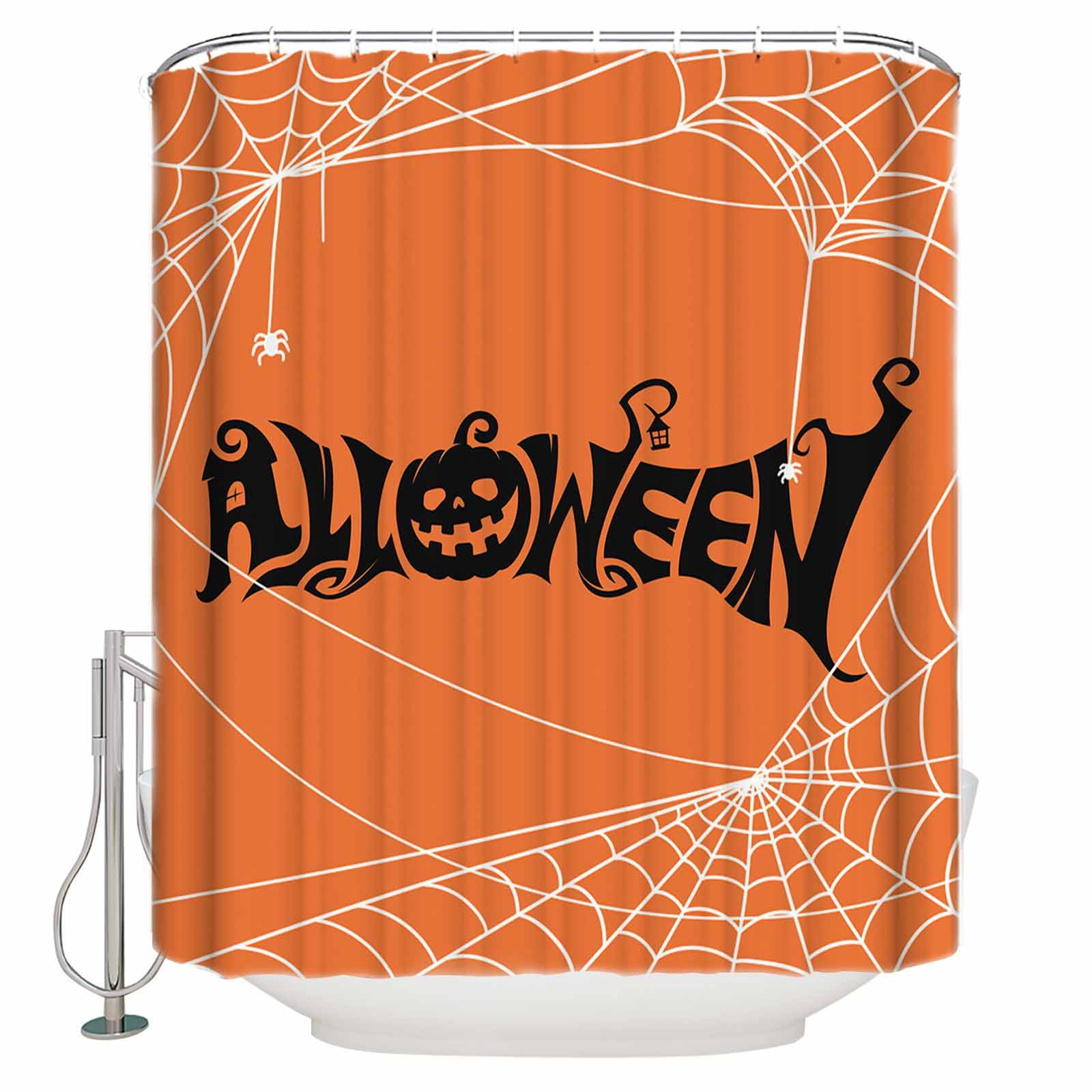 Fabric Shower Curtain, Halloween Pumpkin Spider  Orange Background