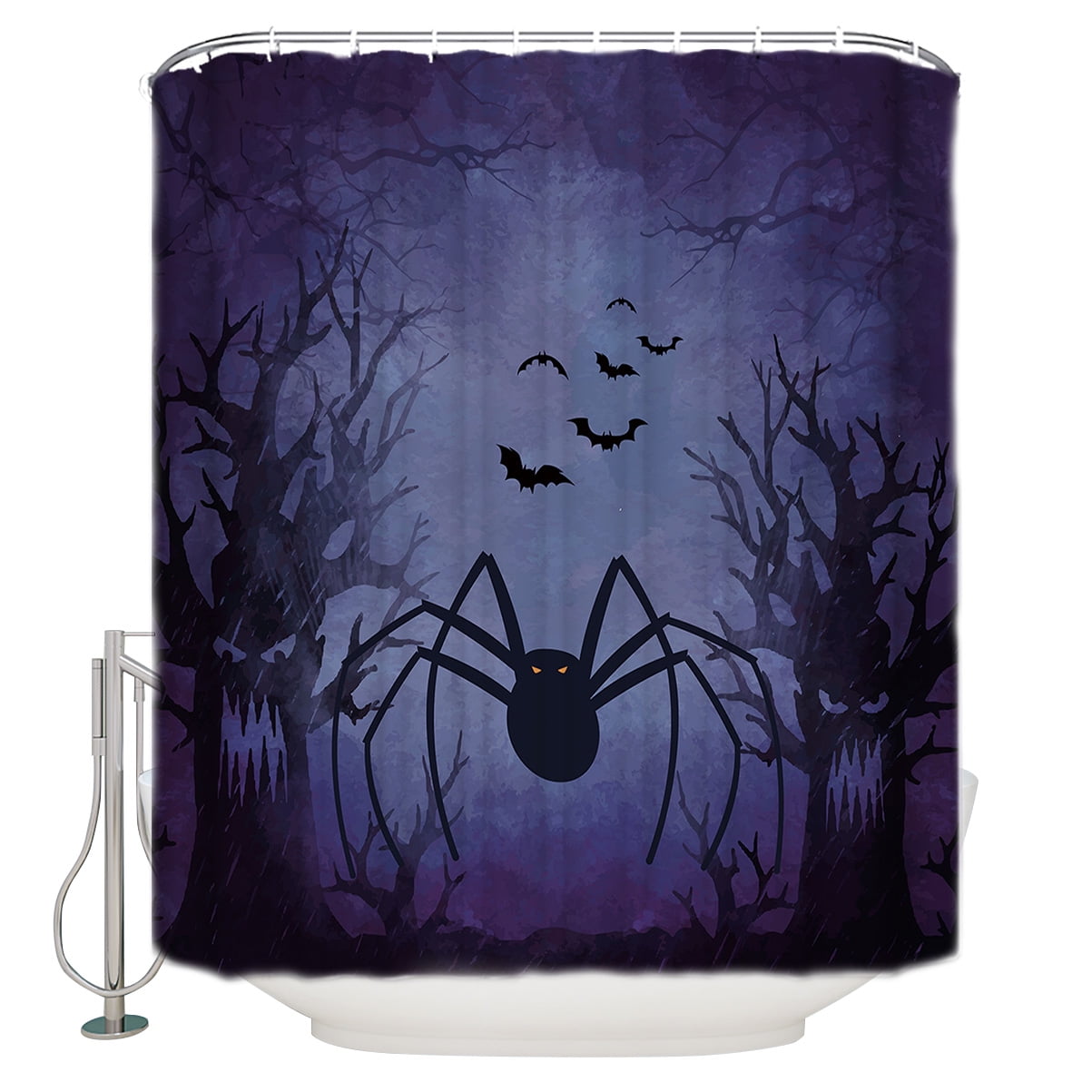 Fabric Shower Curtain, Halloween Purple Forest with Fog Spider Bat