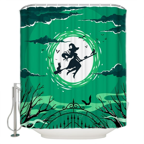 Fabric Shower Curtain, Halloween Witch Moon Bat Night Green Bathroom Curtain with 12 Hooks Waterproof No Bad Odor Machine Washable Bath Curtains for Bathroom, Spa Room, Background Cloth, 54"x78"