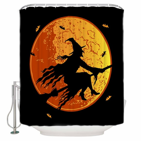 Fabric Shower Curtain, Halloween Witch Orange Moon Bat Bathroom Curtain with 12 Hooks Waterproof No Bad Odor Machine Washable Bath Curtains for Bathroom, Spa Room, Background Cloth, 72"x84"