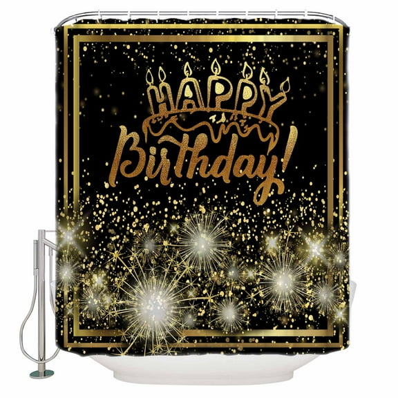 Fabric Shower Curtain, Happy Birthday Gold Black Bathroom Curtain with 12 Hooks Waterproof No Bad Odor Machine Washable Bath Curtains for Bathroom, Spa Room, Background Cloth, 36"x72"