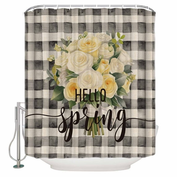 Fabric Shower Curtain, Hello Spring White Rose Black Plaid Bathroom Curtain with 12 Hooks Waterproof No Bad Odor Machine Washable Bath Curtains for Bathroom, Spa Room, Background Cloth, 60"x72"