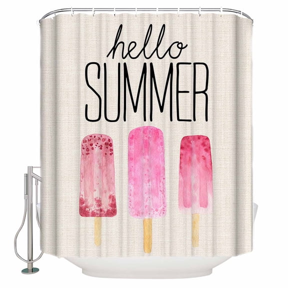 Fabric Shower Curtain, Hello Summer Pink Popsicle Khaki Texture Bathroom Curtain with 12 Hooks Waterproof No Bad Odor Machine Washable Bath Curtains for Bathroom, Spa Room, Background Cloth, 36"x72"