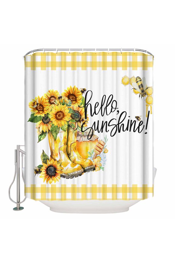 Fabric Shower Curtain, Hello Sunshine Summer Sunflower Boot Bee Honeycomb Plaid Shower Curtains with 12 Hooks Waterproof Machine Washable Bath Curtains for Bathroom, 36 x 78in
