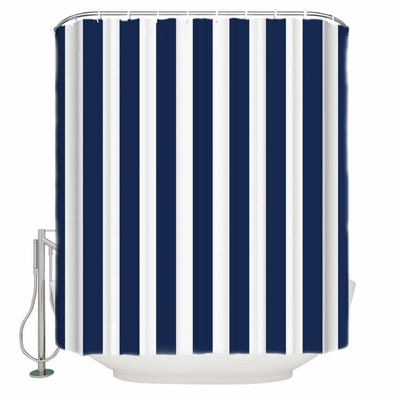 Fabric Shower Curtain, Navy Blue and White Striped Geometric Bathroom Curtain with 12 Hooks Waterproof No Bad Odor Machine Washable Bath Curtains for Bathroom, Spa Room, 36"x72"