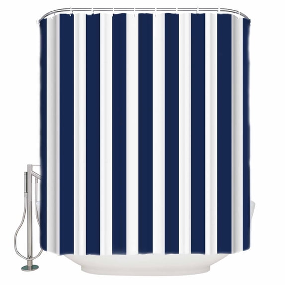 Fabric Shower Curtain, Navy Blue and White Striped Geometric Shower Curtains with 12 Hooks Waterproof Machine Washable Bath Curtains for Bathroom, 54 x 78in