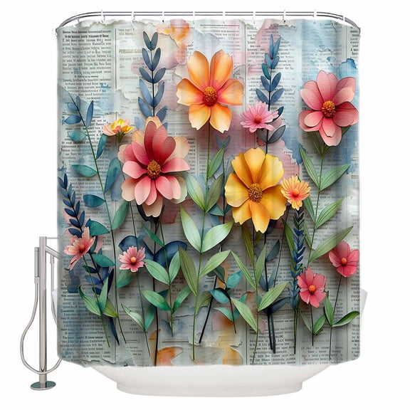 Fabric Shower Curtain, Newspaper Art 3D Flower Printing Pattern Bathroom Curtain with 12 Hooks Waterproof No Bad Odor Machine Washable Bath Curtains for Bathroom, Spa Room, 36"x72"