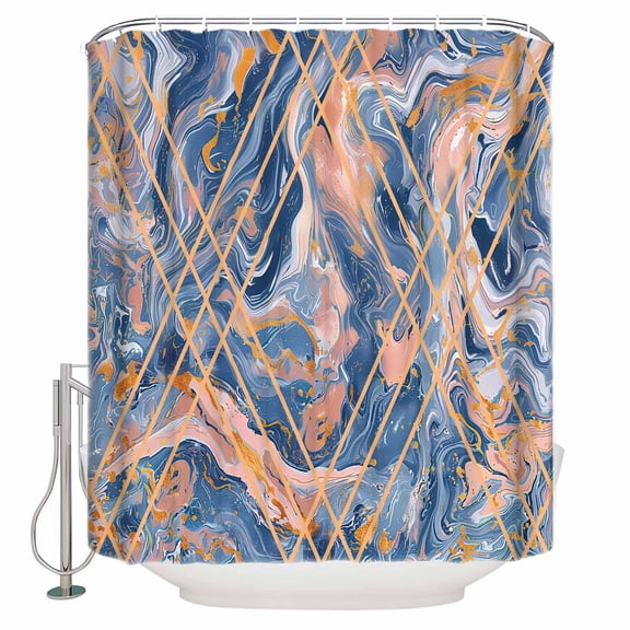 Fabric Shower Curtain, Orange and Blue Marble Abstract Geometric Contemporary Art Bathroom Curtain with 12 Hooks Waterproof No Bad Odor Machine Washable Bath Curtains for Bathroom, Spa Room, 72"x78"
