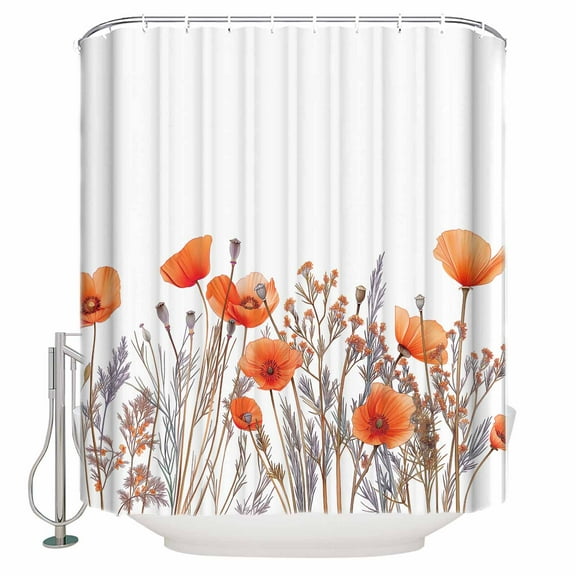 Fabric Shower Curtain, Orange Poppy Flowers Watercolor Floral Plants Shower Curtains with 12 Hooks Waterproof Machine Washable Bath Curtains for Bathroom, 48x 72in