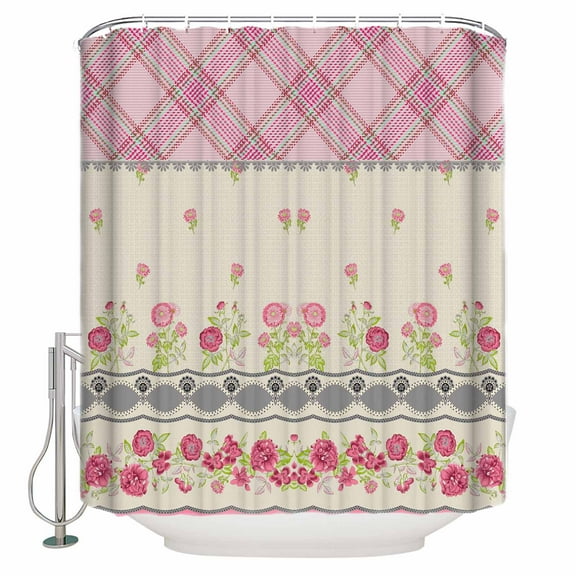 Fabric Shower Curtain, Pink Striped Plaid Flower Plant Pattern Bathroom Curtain with 12 Hooks Waterproof No Bad Odor Machine Washable Bath Curtains for Bathroom, Spa Room, Background Cloth, 72"x72"