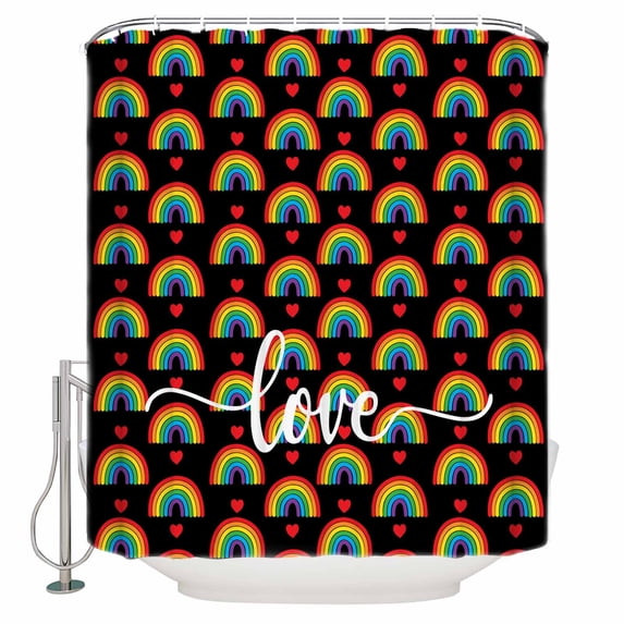 Fabric Shower Curtain, Rainbow Striped Love Heart Black Shower Curtains with 12 Hooks Waterproof Machine Washable Bath Curtains for Bathroom,72 x 96in