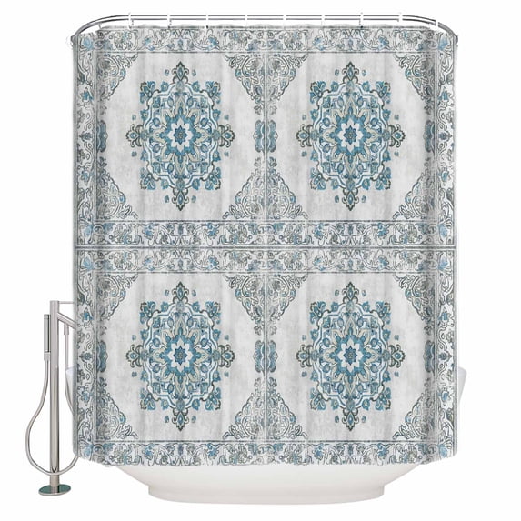 Fabric Shower Curtain, Retro Abstract Ethnic Style N Flowers Shower Curtains with 12 Hooks Waterproof Machine Washable Bath Curtains for Bathroom, 72 x 96in