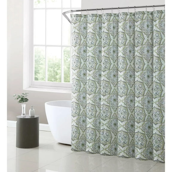 Fabric Shower Curtain Sage, Gray, Blue, and White Medallion Design 70IN x72 in