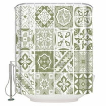 Fabric Shower Curtain, Sage Green Floral Geometric Tile Shower Curtains with 12 Hooks Waterproof Machine Washable Bath Curtains for Bathroom, 48x 72in