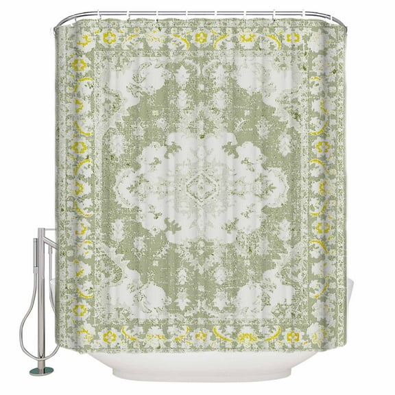Fabric Shower Curtain, Sage Green Oriental Geometric Retro Distressed Shower Curtains with 12 Hooks Waterproof Machine Washable Bath Curtains for Bathroom, 54 x 78in