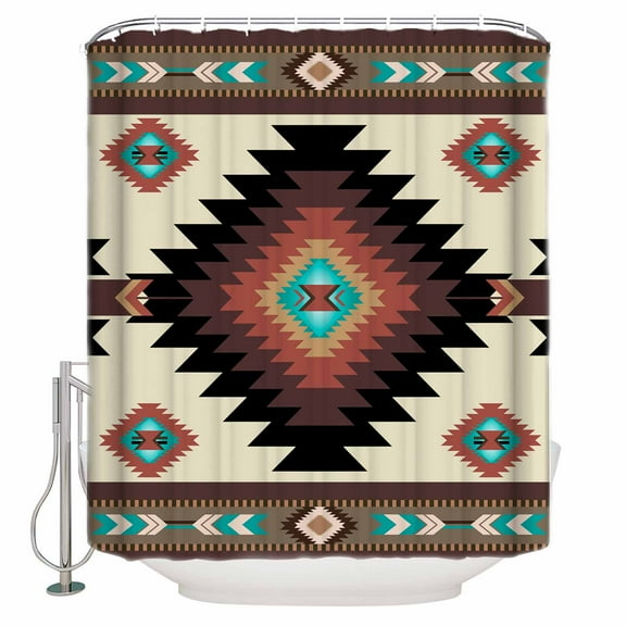 Fabric Shower Curtain, Southwestern Native Geometric Boho Brown Bathroom Curtain with 12 Hooks Waterproof No Bad Odor Machine Washable Bath Curtains for Bathroom, Spa Room, 72"x72"