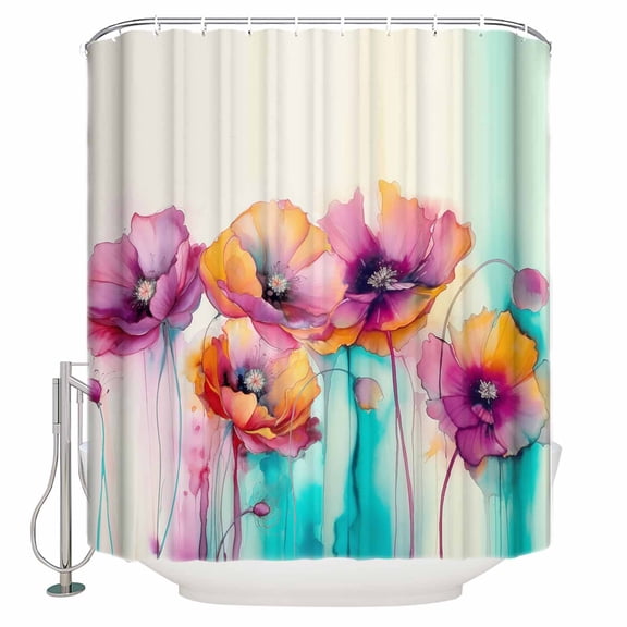 Fabric Shower Curtain, Spring Floral Watercolor Poppy Botanical Pattern Shower Curtains with 12 Hooks Waterproof Machine Washable Bath Curtains for Bathroom,48x 72in