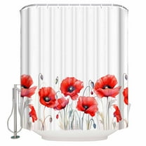 Fabric Shower Curtain, Spring Floral Watercolor Red Poppy Botanical Plant Shower Curtains with 12 Hooks Waterproof Machine Washable Bath Curtains for Bathroom,48x 72in