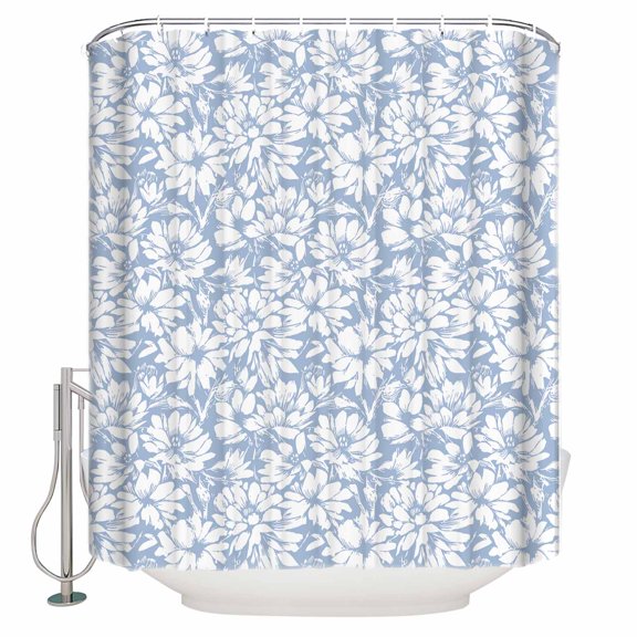 Fabric Shower Curtain, Spring Hand Drawn Chrysanthemum Floral Blue Shower Curtains with 12 Hooks Waterproof Machine Washable Bath Curtains for Bathroom,72 x 96in