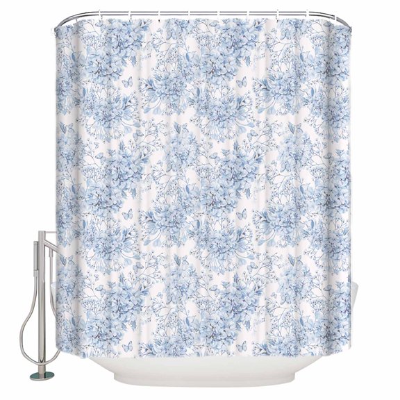 Fabric Shower Curtain, Spring Rustic Hand Drawn Blue Hydrangea Shower Curtains with 12 Hooks Waterproof Machine Washable Bath Curtains for Bathroom,48x 72in