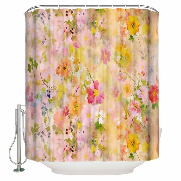 Fabric Shower Curtain, Spring Vintage Watercolor Yellow Flowers Oil Painting Shower Curtains with 12 Hooks Waterproof Machine Washable Bath Curtains for Bathroom,54 x 78in
