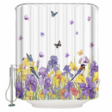 Fabric Shower Curtain, Spring Watercolor Purple Iris with Birds White Texture Shower Curtains with 12 Hooks Waterproof Machine Washable Bath Curtains for Bathroom,48x 72in