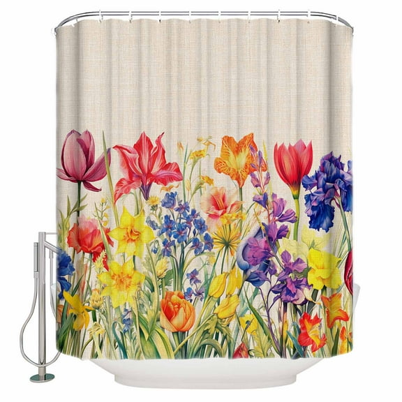Fabric Shower Curtain, Spring Watercolor Tulip Flowers Beige Texture Shower Curtains with 12 Hooks Waterproof Machine Washable Bath Curtains for Bathroom,54 x 78in